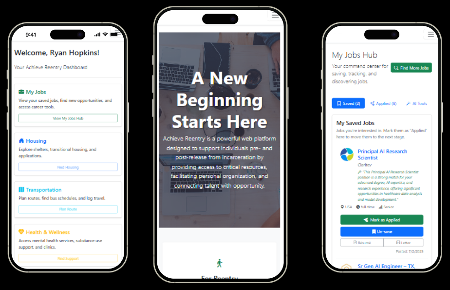 Achieve Reentry mobile views showing support resources and a jobs hub