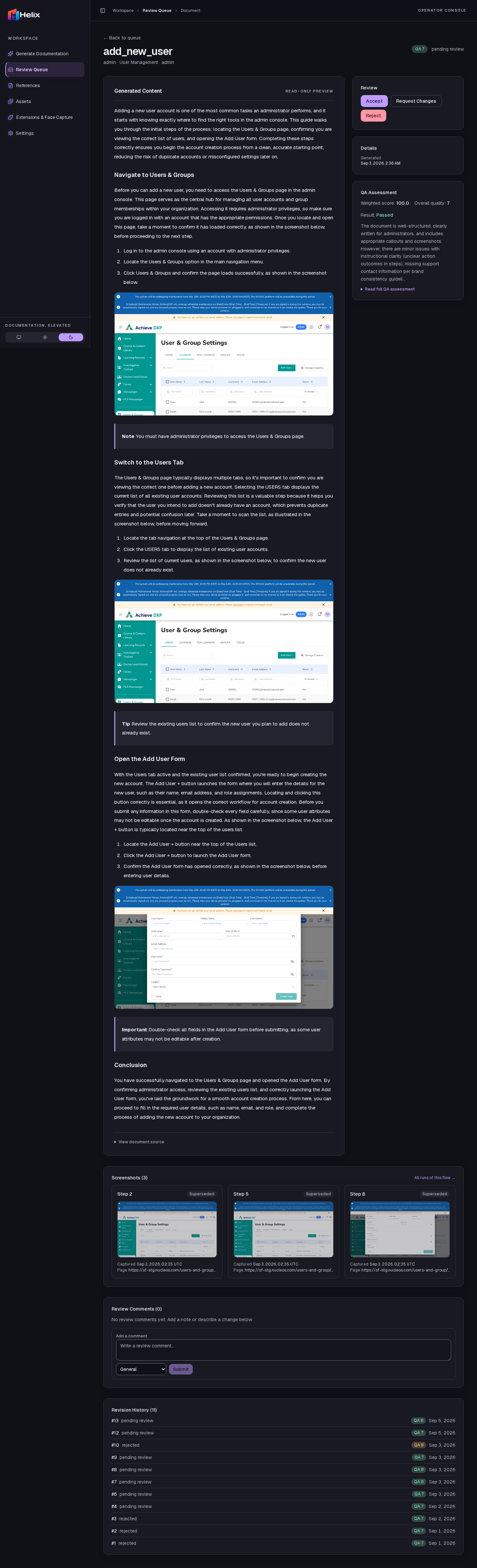 Helix review console showing generated documentation, quality assessment, and approval controls
