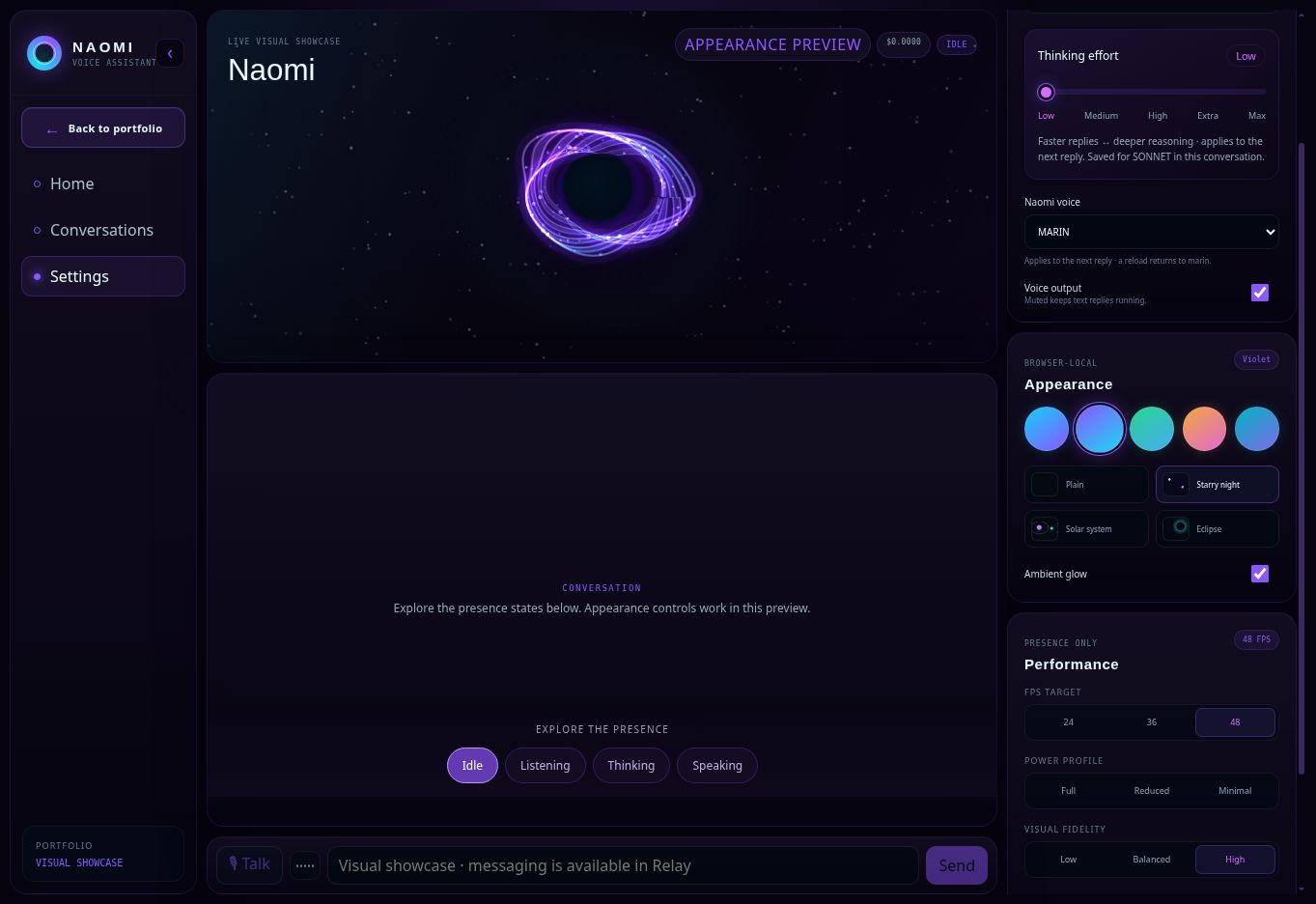 Naomi’s Violet presence against Starry night, with navigation and scrollable appearance controls open
